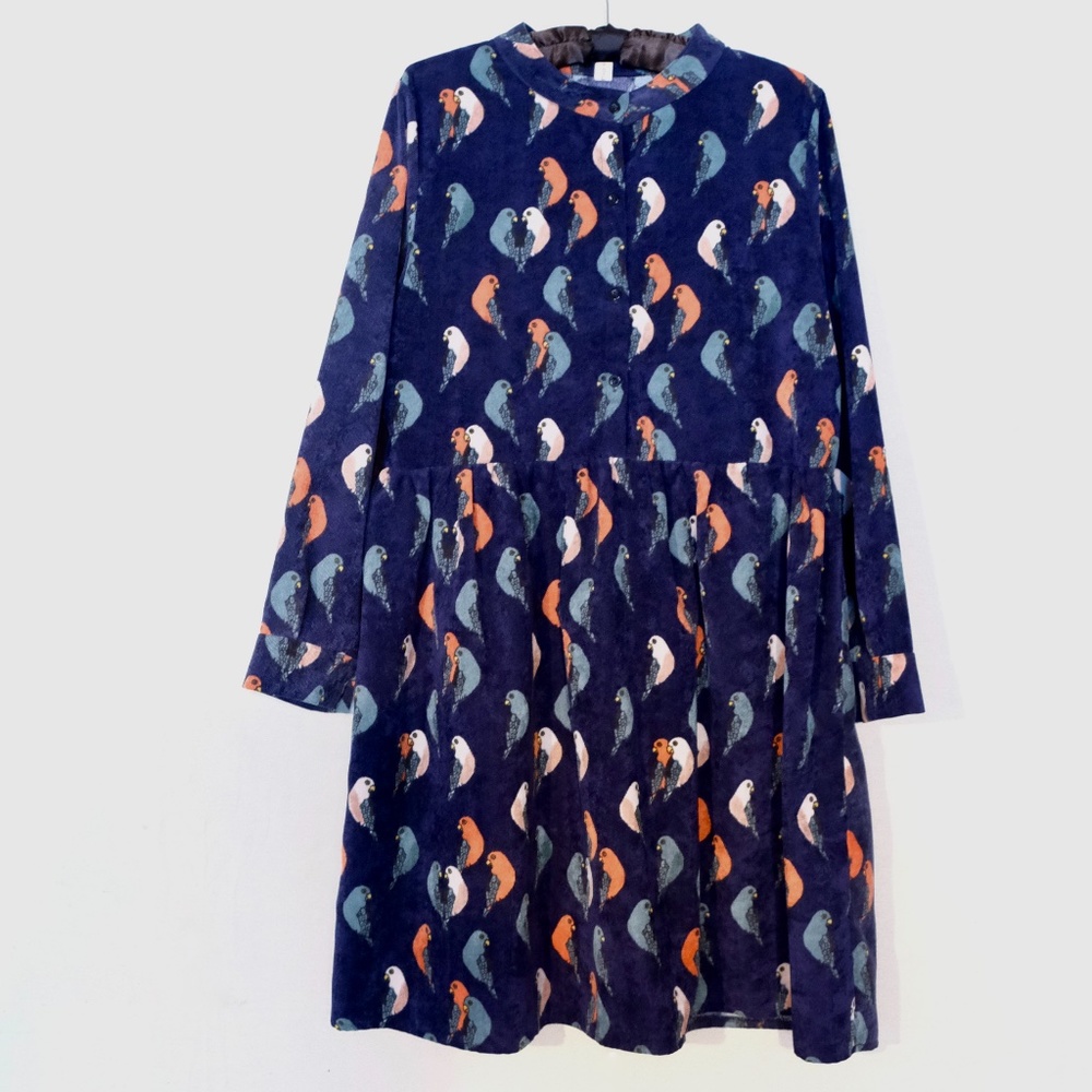 Corduroy bird print babydoll long sleeve dress